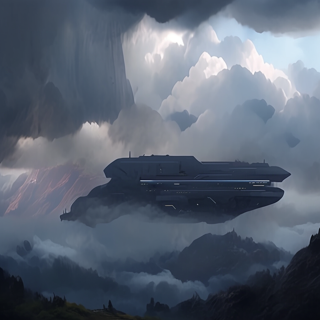 Stormy mountain range with realistic spaceship in distance.