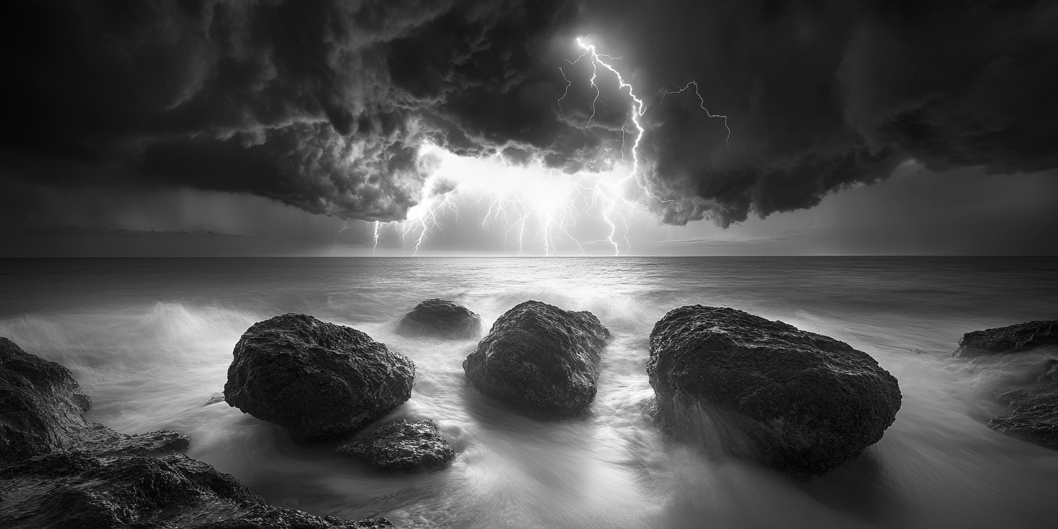 Stormy shoreline with rocks, waves, lightning and reflective pools.