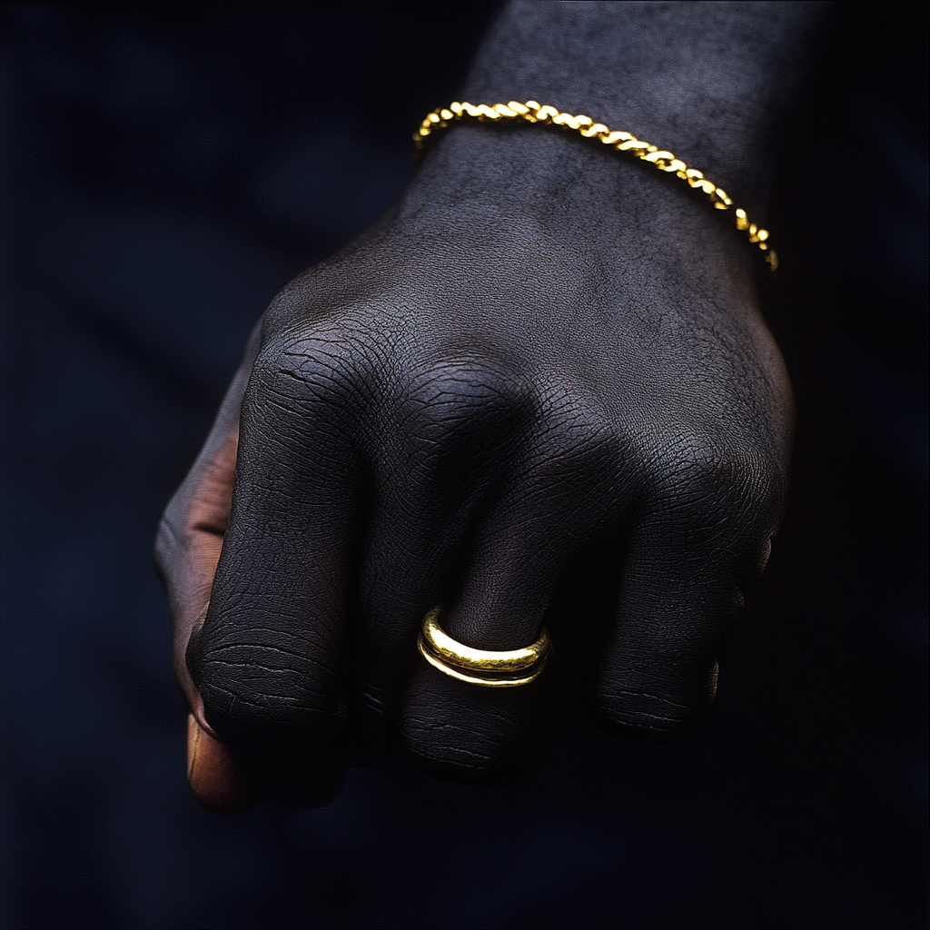 Strong African man's hand with golden rings and bracelet