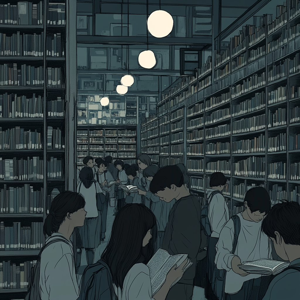 Students surrounded by towering bookshelves, holding grey books.