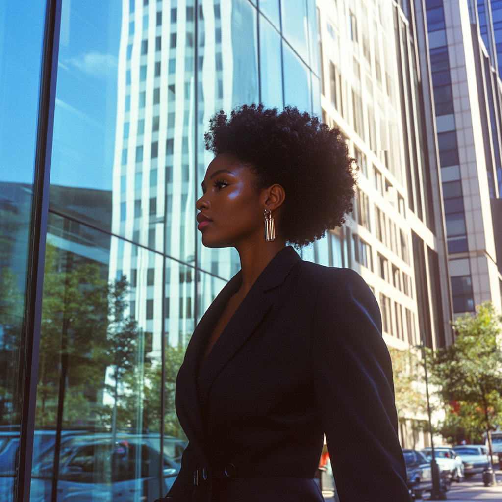 Stylish black woman in 80s business attire walking to work