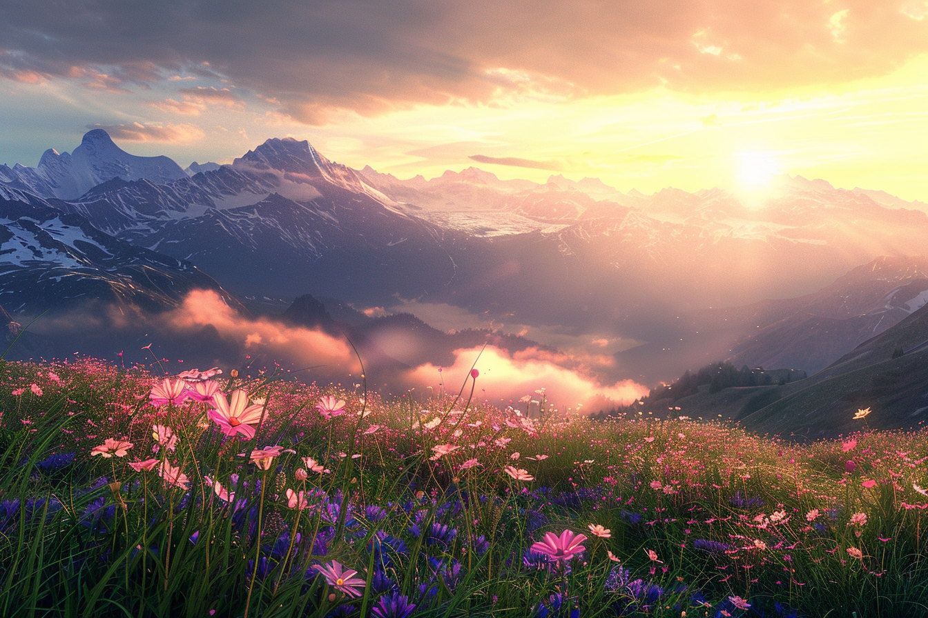 Sunrise over misty mountains, wildflowers, snow-capped peaks, 8K.