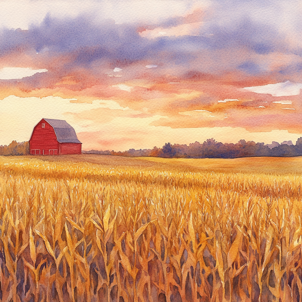 Sunset over golden cornfields, red barn in distance.