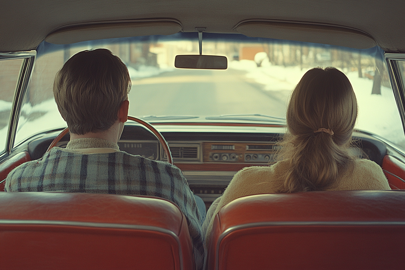 Symmetry shot of Mom and Dad driving car.