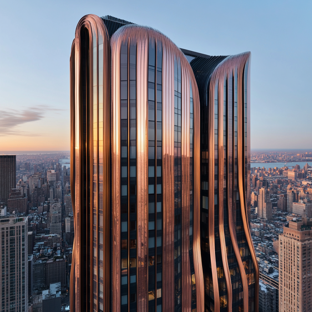 Tall copper skyscraper with waving façade reflects setting sun.