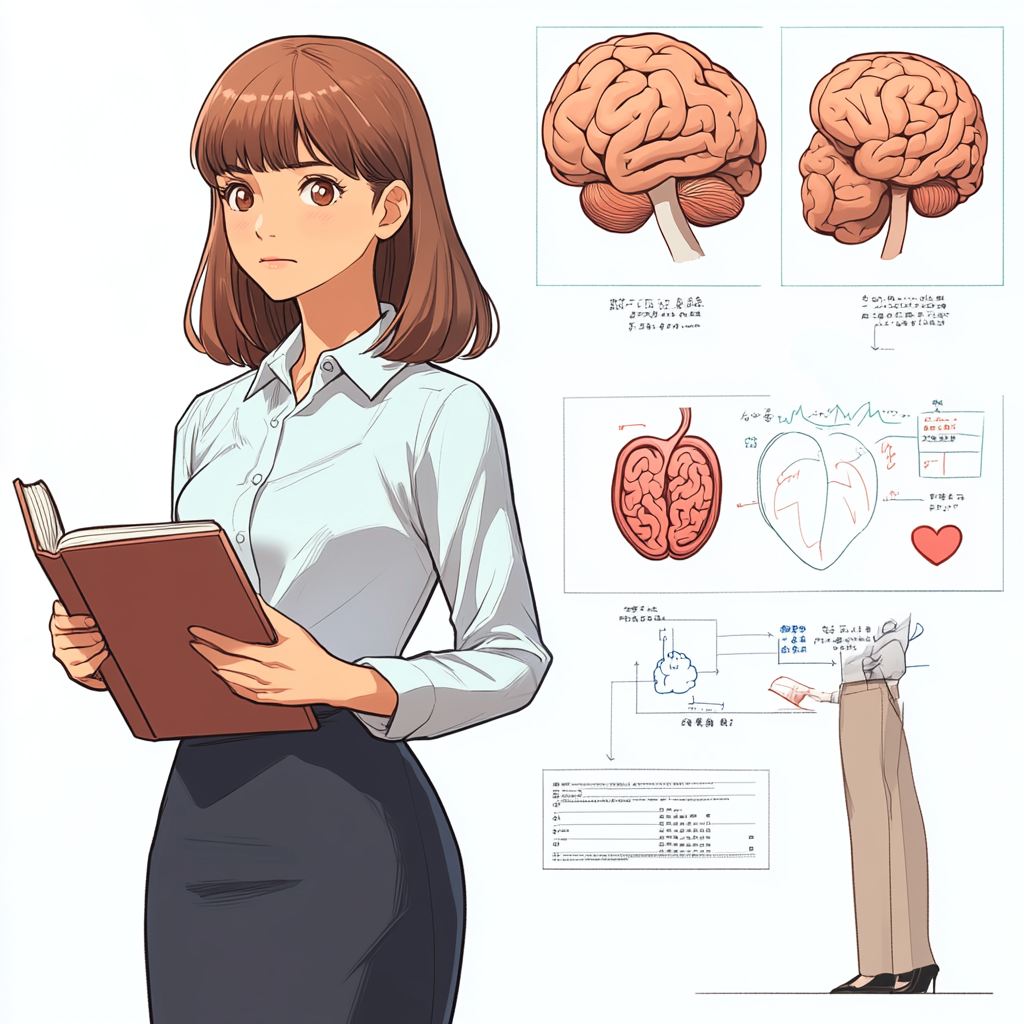 Tappuru Sensei, 25, with brown hair, psychology book. Brains, hearts, color palette, labels, clean background.