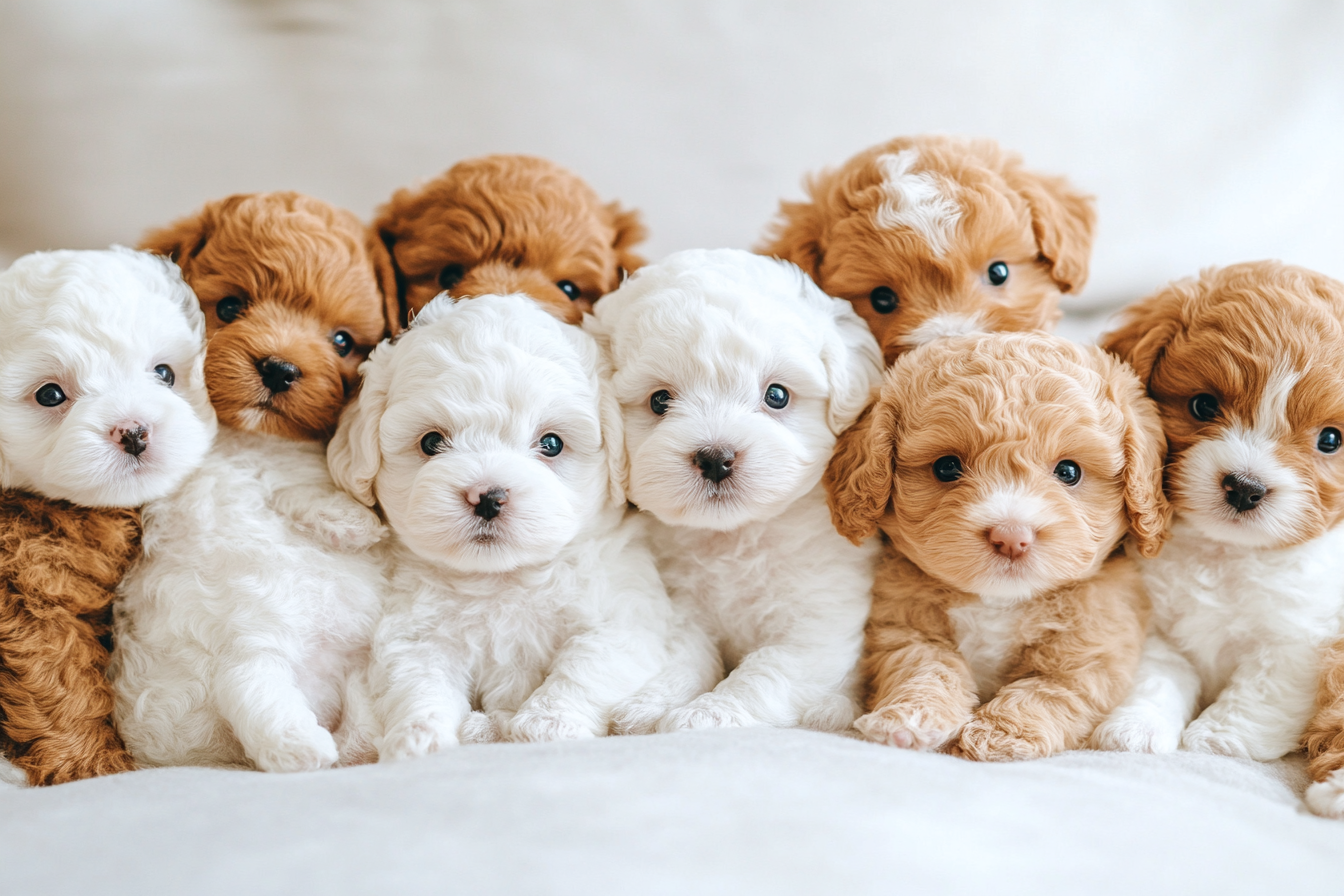 Ten adorable Bichon Frisé puppies cuddled together, cute background