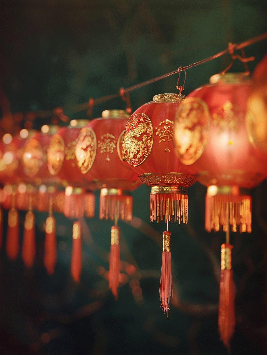 Traditional Chinese lanterns in festive symmetrical design in red.