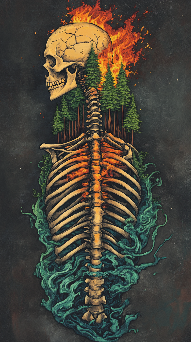 Trees growing from human spine, skull showing through.