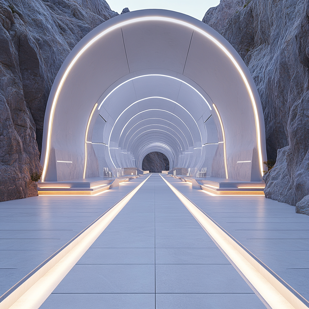 Tunnels with steel, marble, glass, granite walkways, lights, colors.