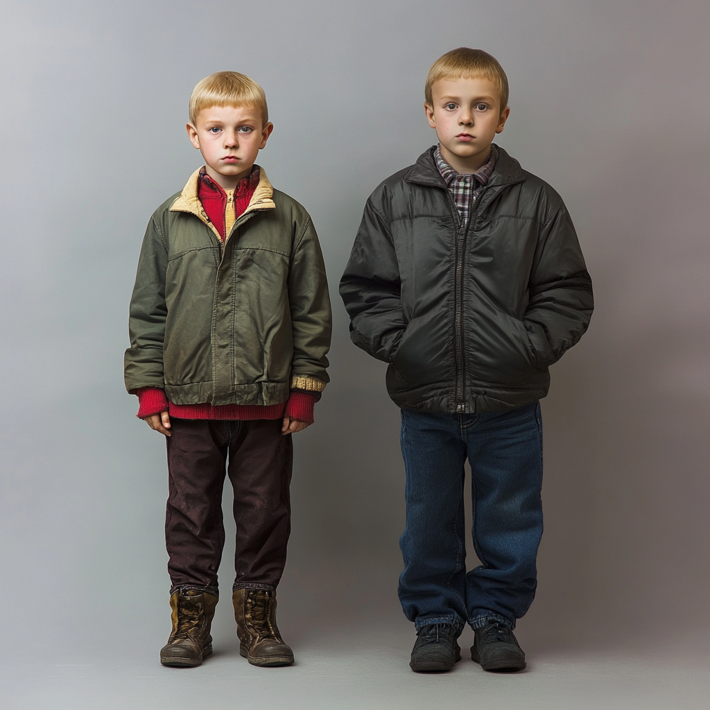 Two boys with Vladimir Putin faces, one taller.