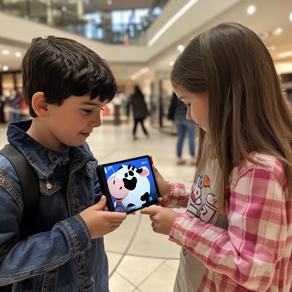 Two kids playing with AR/VR cow game.