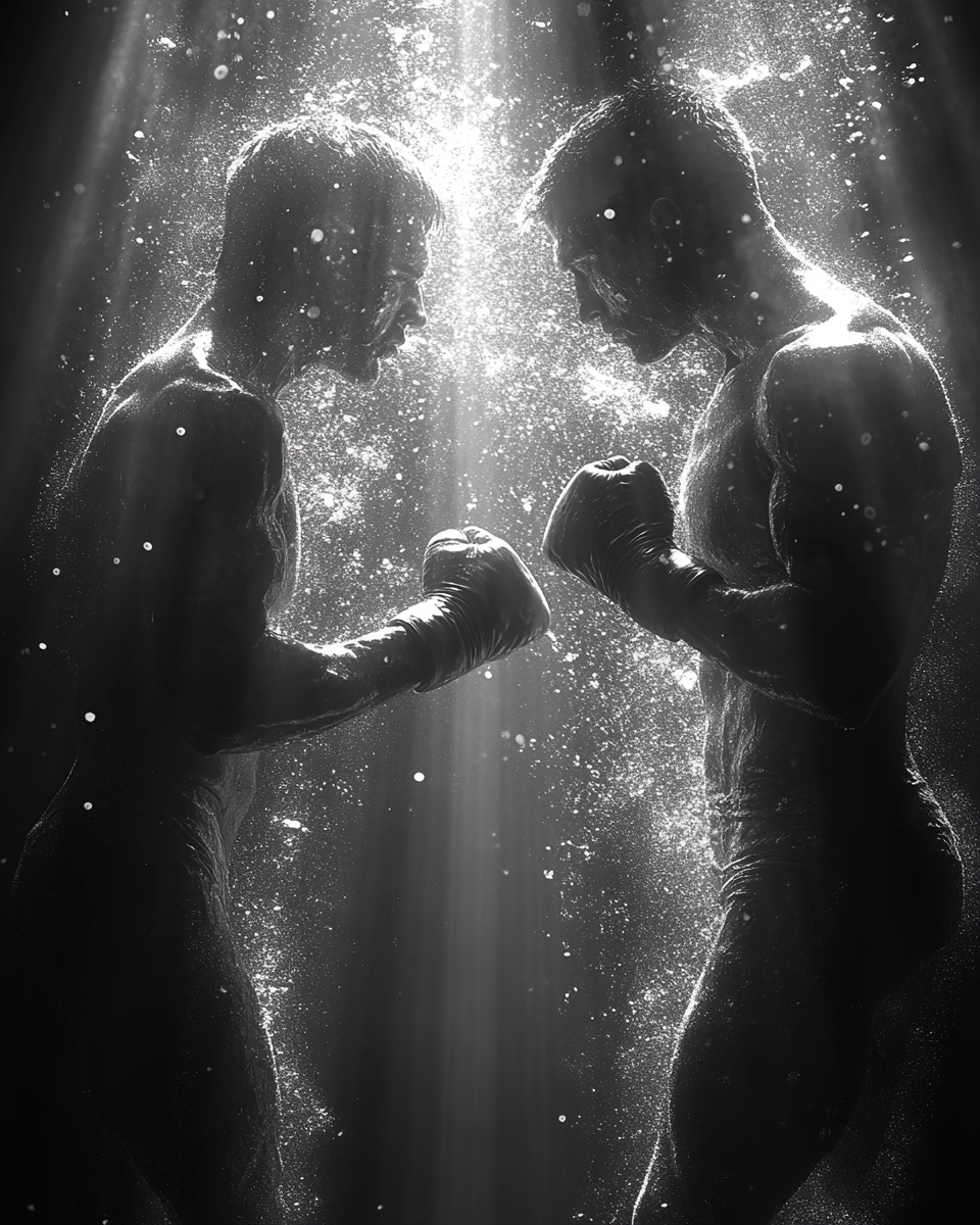 Two people fighting each other in high contrast close-up.