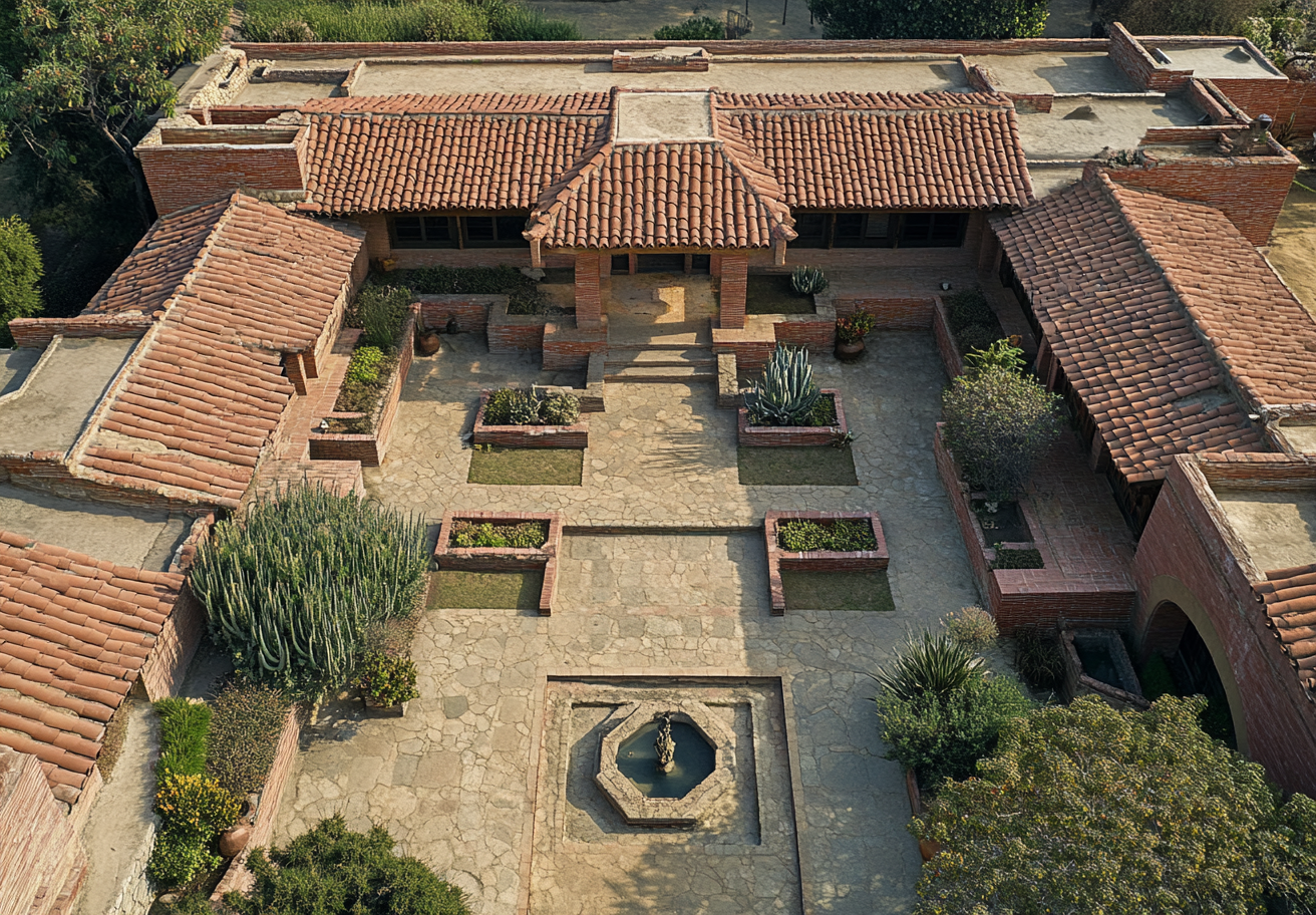 Two story ranch with courtyard, large windows, Oaxaca art.