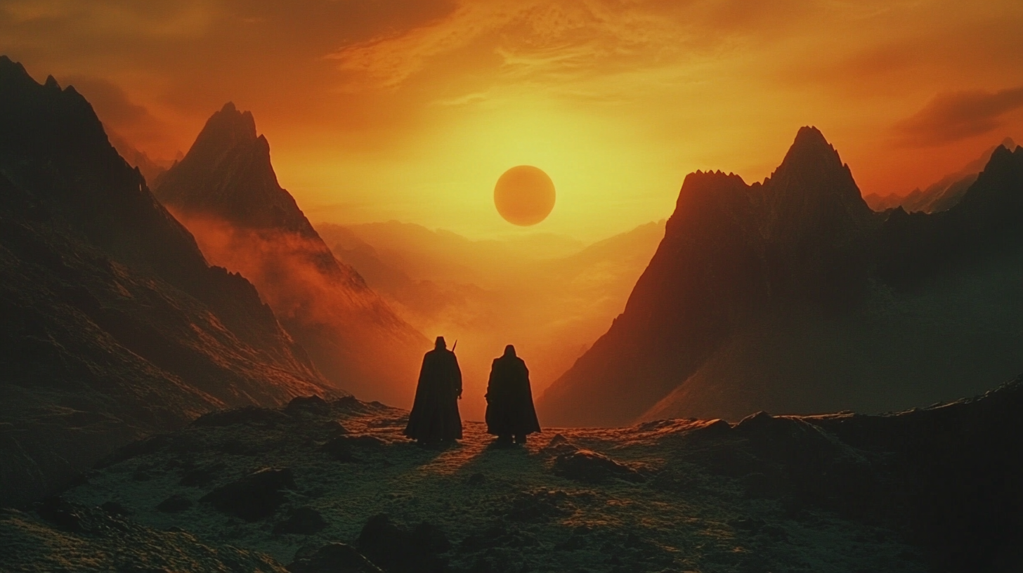 Two wizards walking in mystical world during sunset.