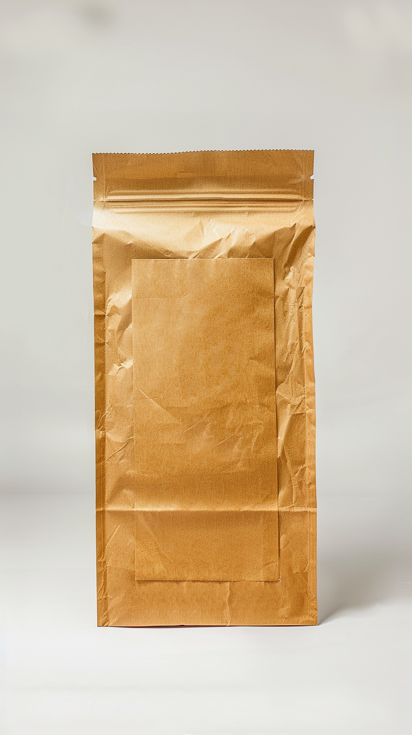 Vacuum cleaner bag with brown paper sticker, white background.