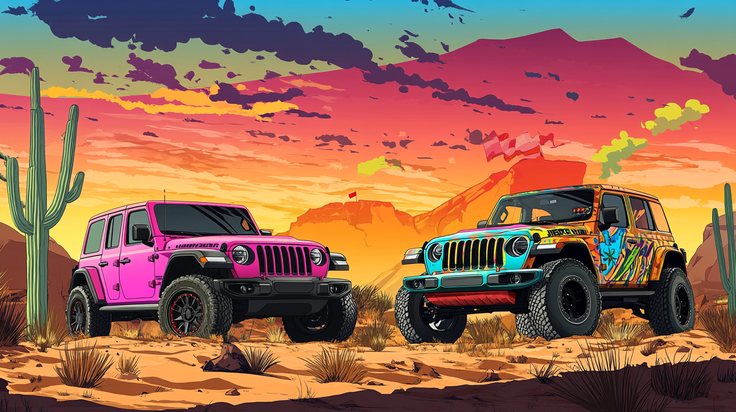 Vector illustration: Jeep Gladiator and Audi R8 together desert-themed.