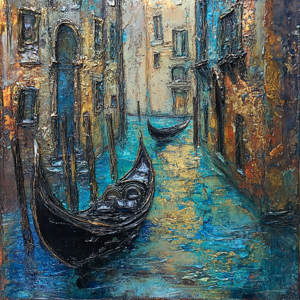 Venice gondolas, Monet-style painting, bronze finish, spatula relief.