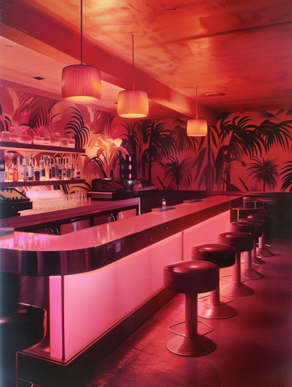 Vintage photo of retro futuristic bar with tropical wallpaper.