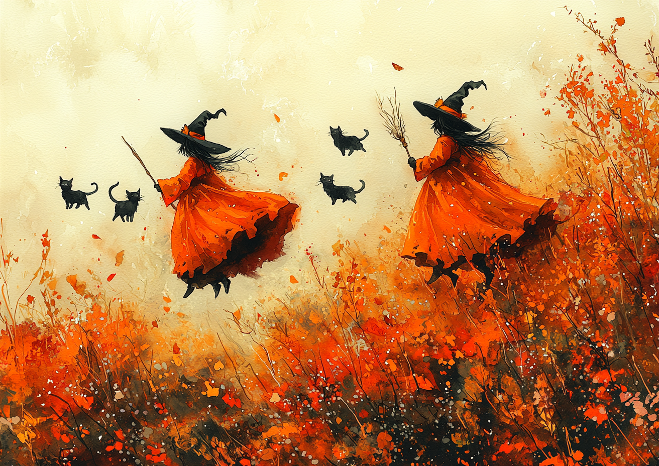 Watercolor Halloween card with witches, black cats, magical vibe.