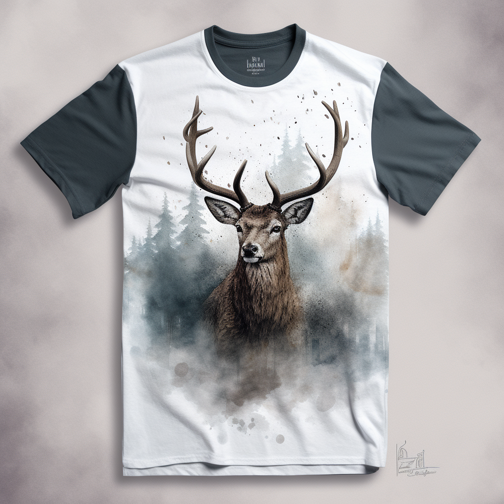 Watercolor illustration of stag in misty forest on shirt.