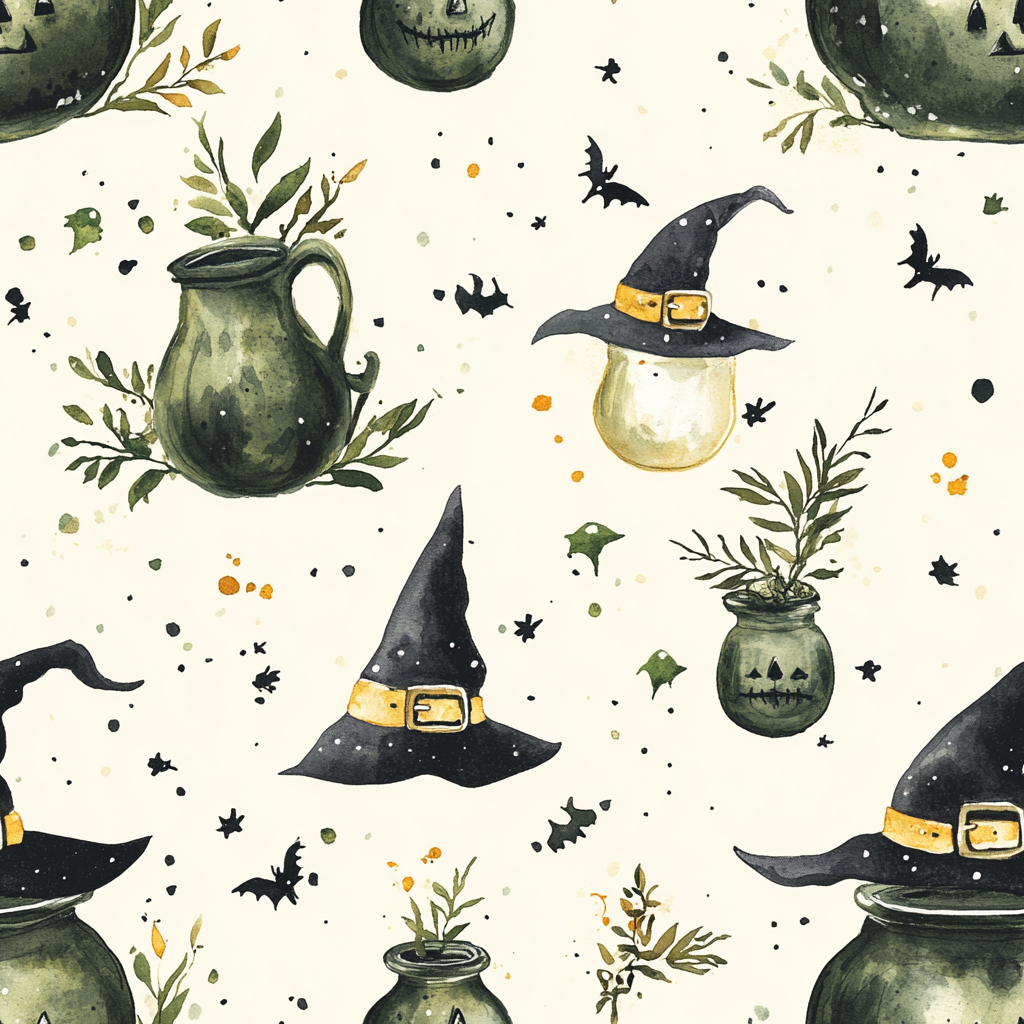 Watercolor witch pattern with hat and cauldron on creme.