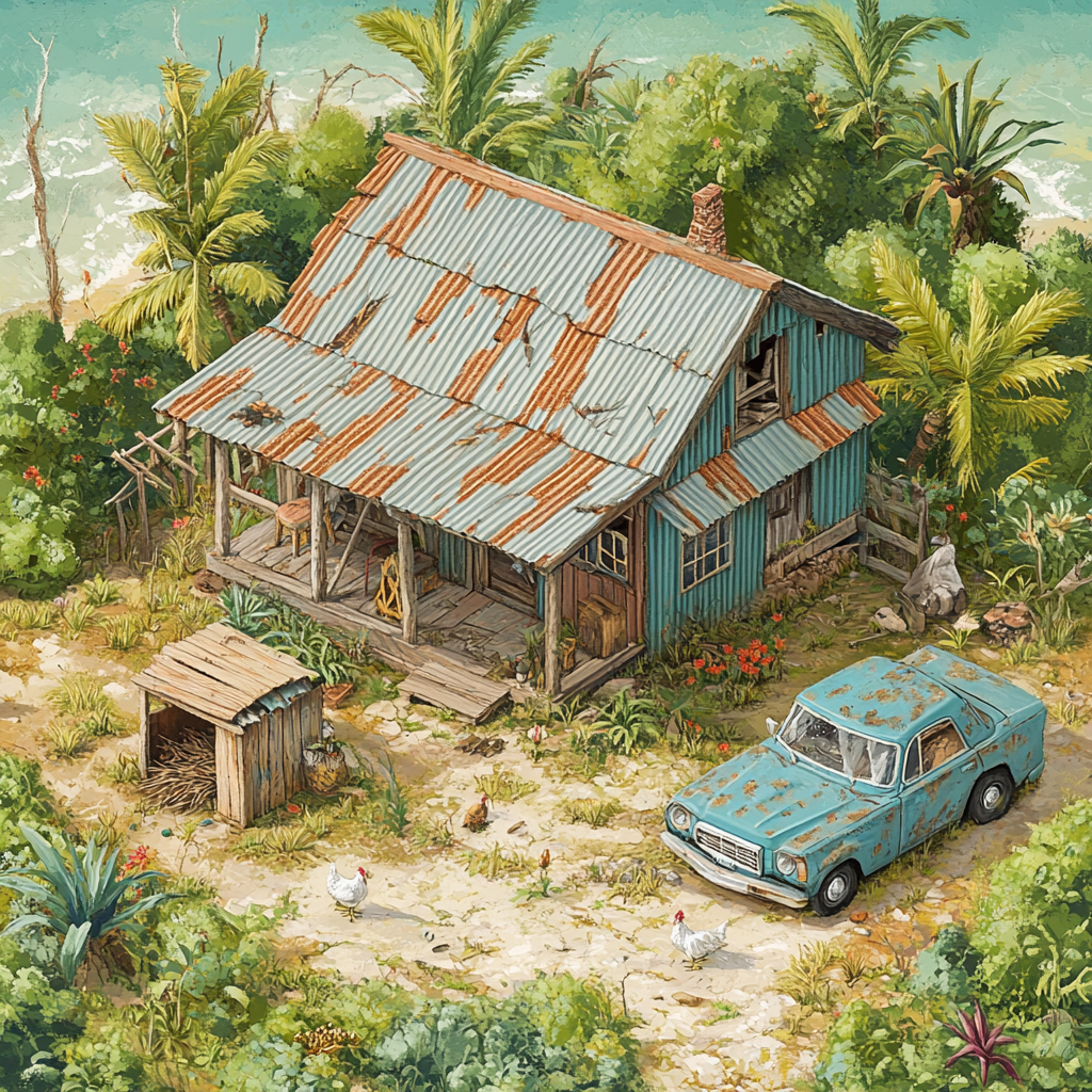 Weathered home in Hawaii with chicken coop and Toyota.