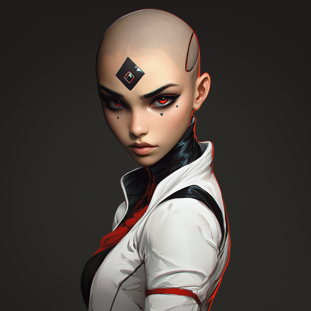 White costume, bald head, ruby eye, martial arts.