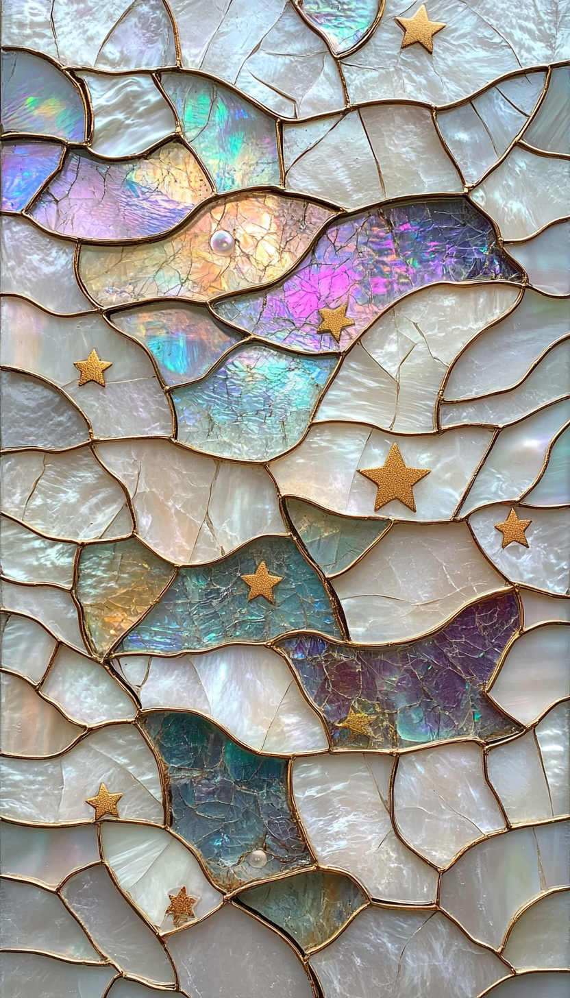 White mother of pearl, iridescent opal stained glass.