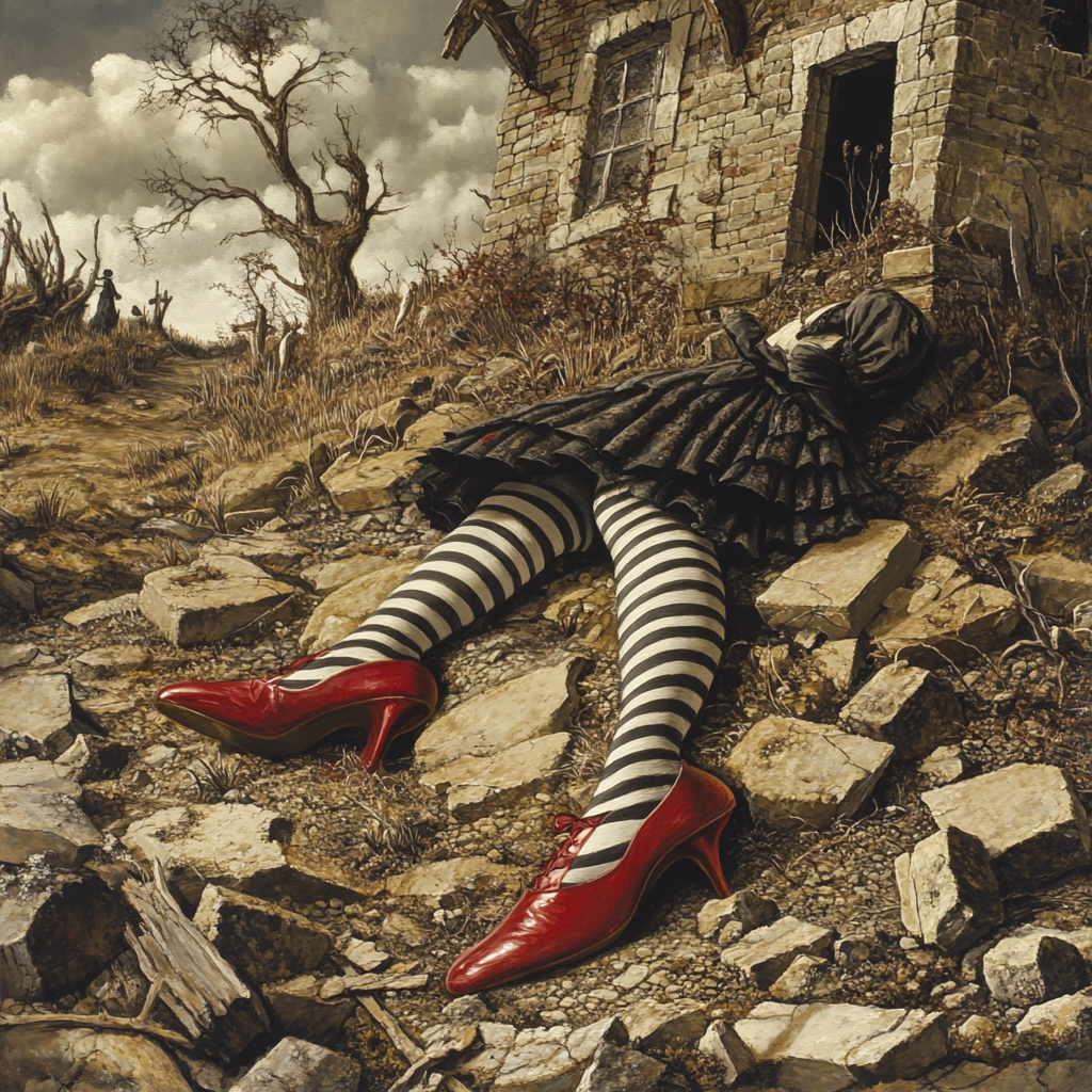 Witch's legs and red slippers poke out from house.