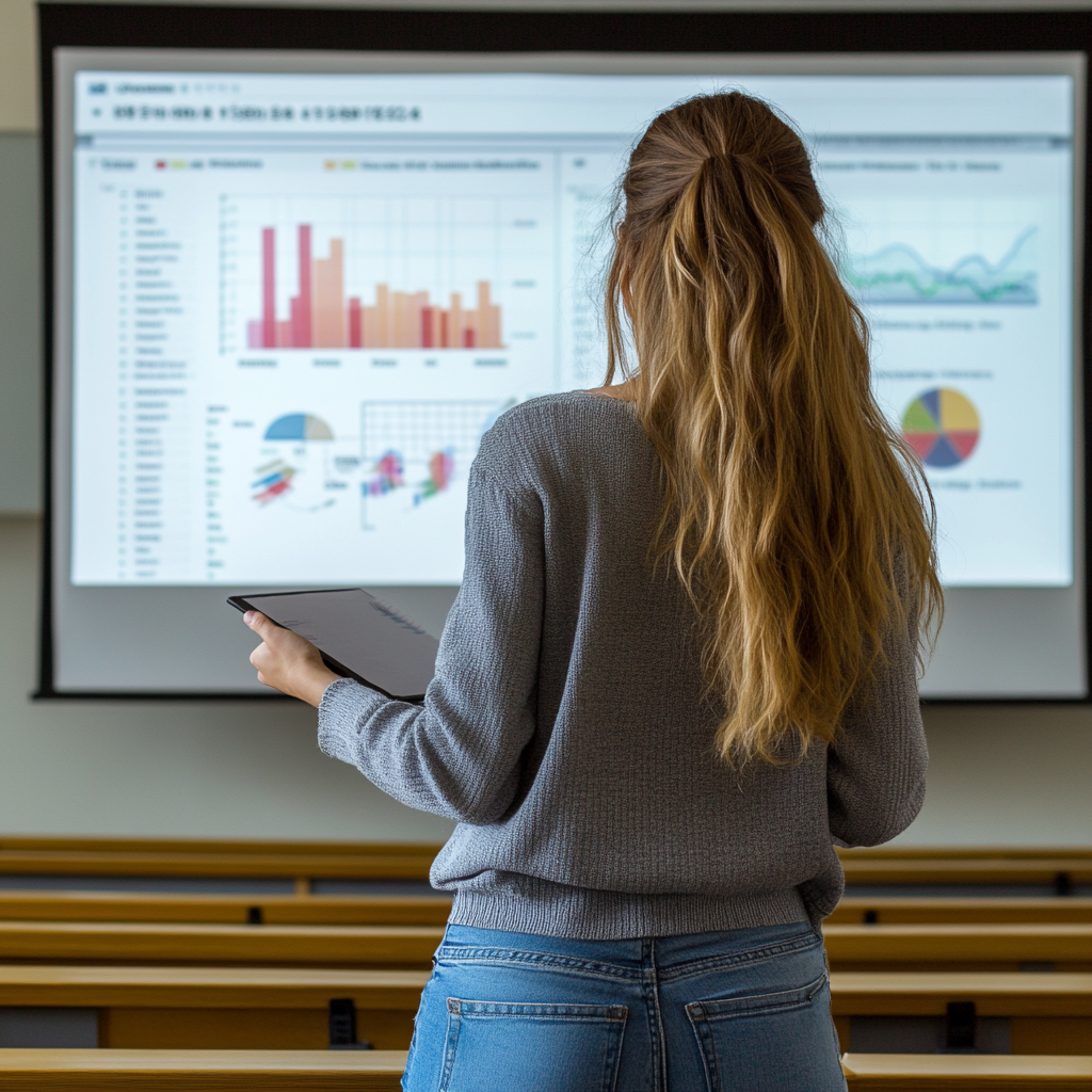 Woman in gray cardigan giving ppt presentation in classroom.