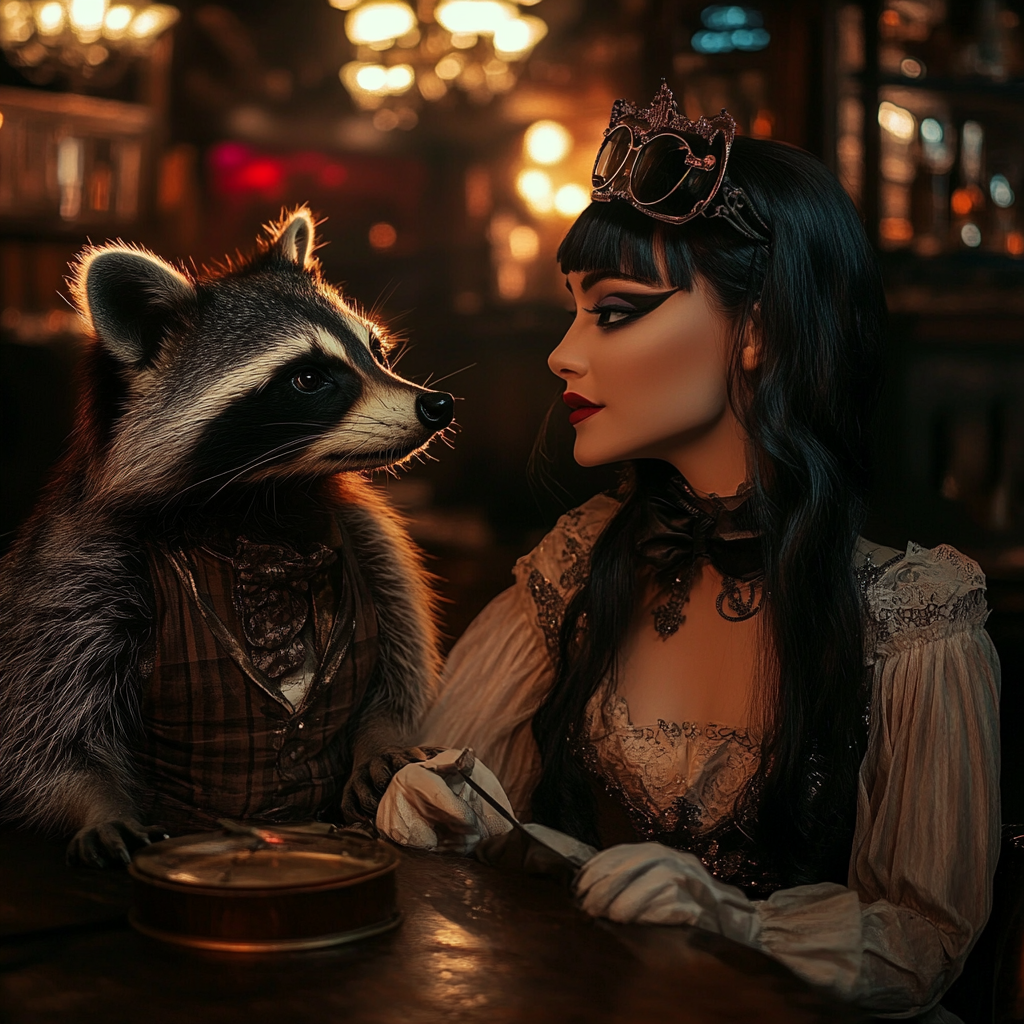 Woman with black hair at bar conversing with raccoon.