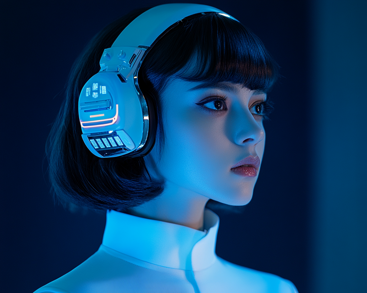 Woman with short hair wearing tech accessories, white shirt.