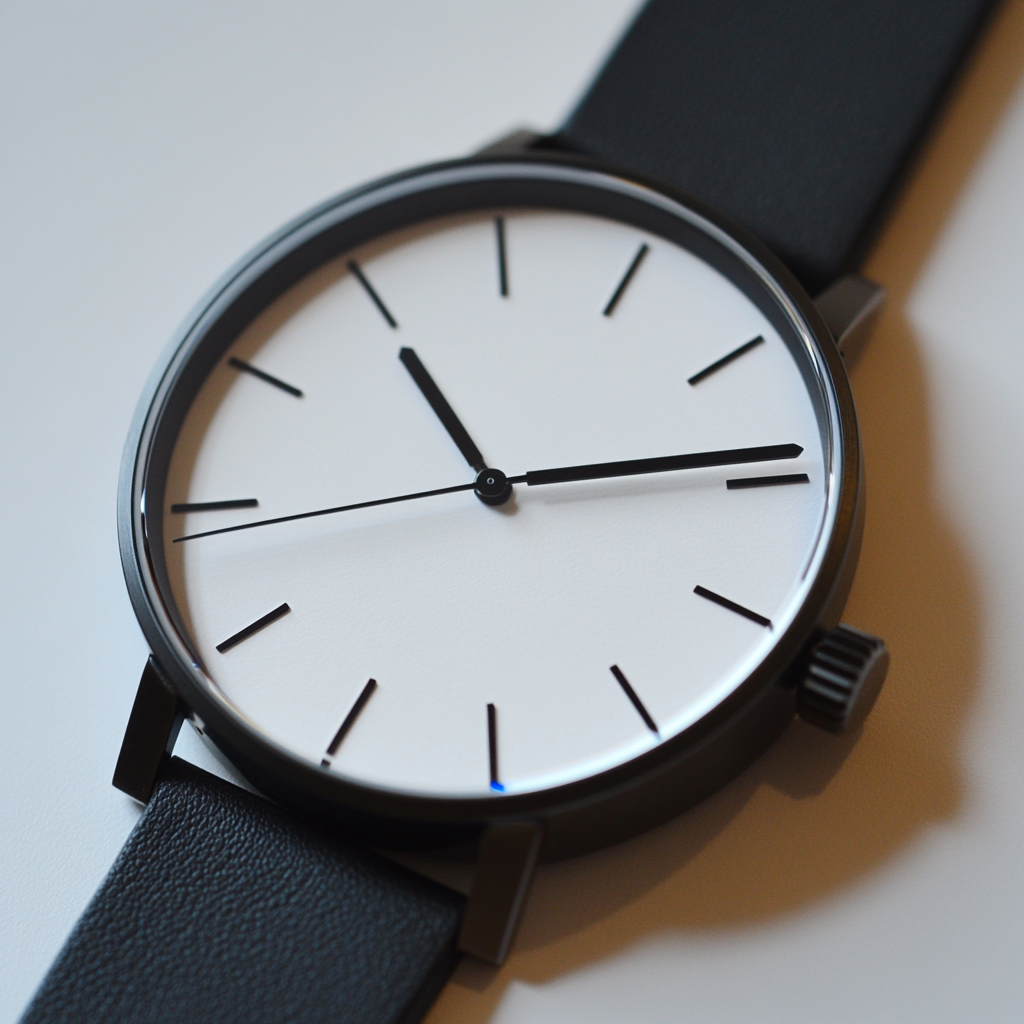 Wristwatch with minimal design, nearing 12 o’clock. Anticipation.