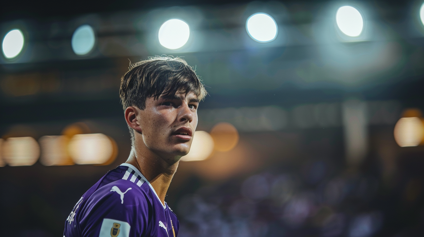 Young Canadian defender in Fiorentina jersey blocks opponent.