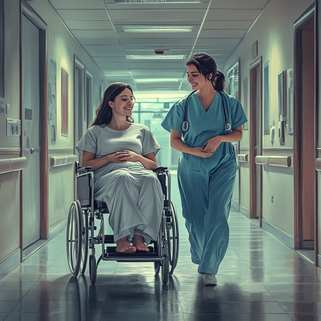 Young brunette pregnant mother in wheelchair with nurse, happy.