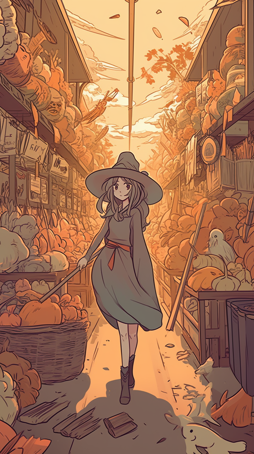 Young witch shopping with broom in whimsical magical marketplace.