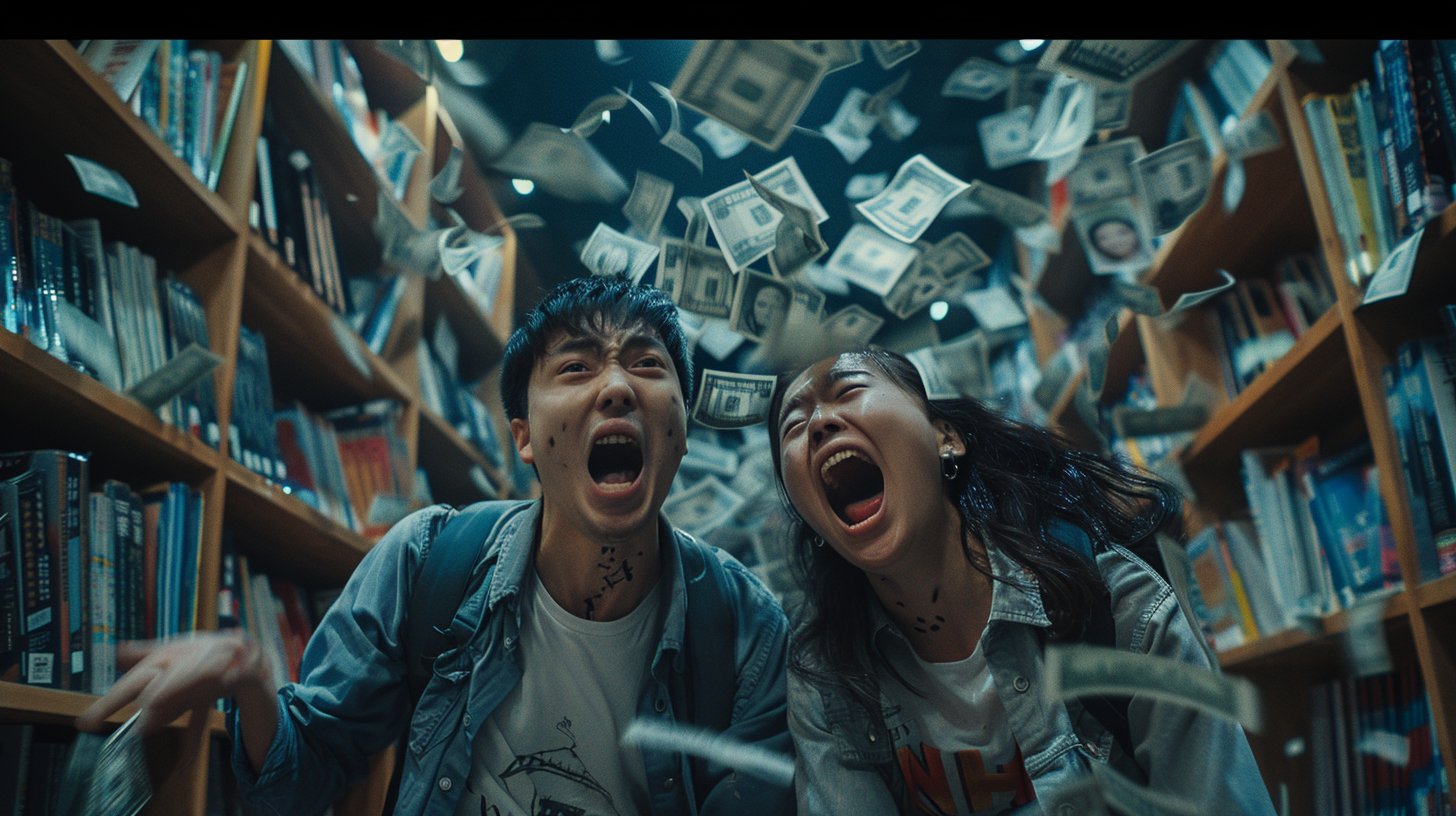 Zombie couple arguing in bookstore with falling money.