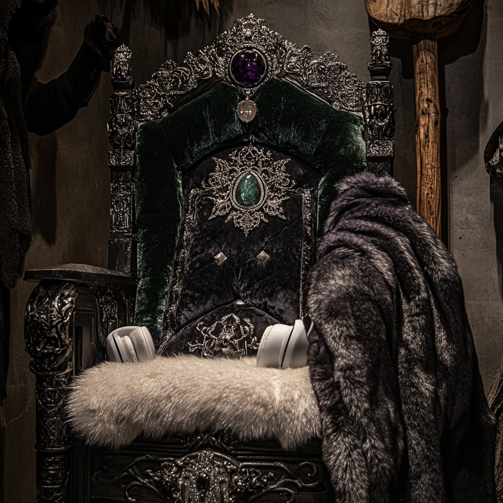 Zoomed throne chair with grey coat and King's crown.