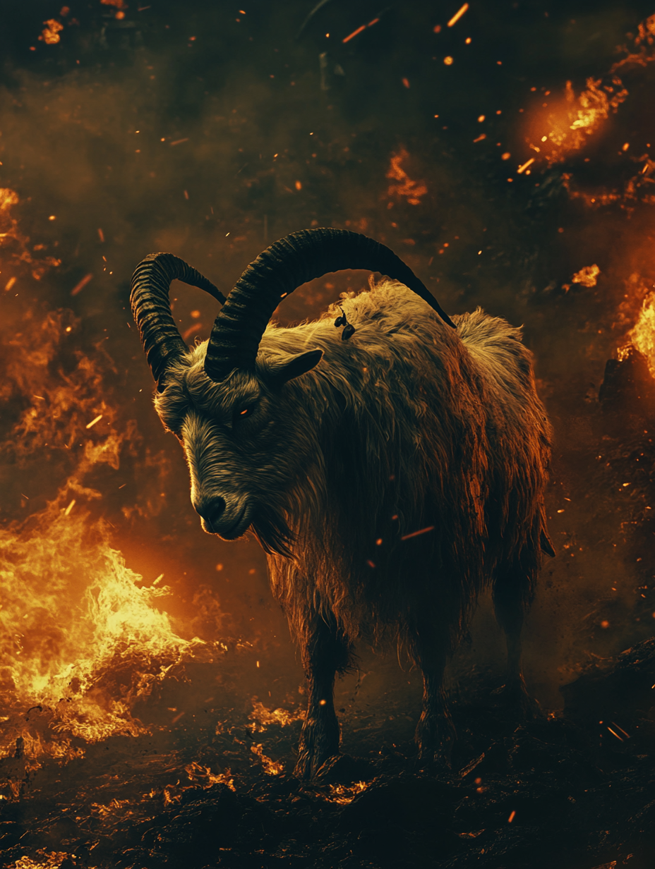 a goat in apocalypse with vakyries and demons, gods