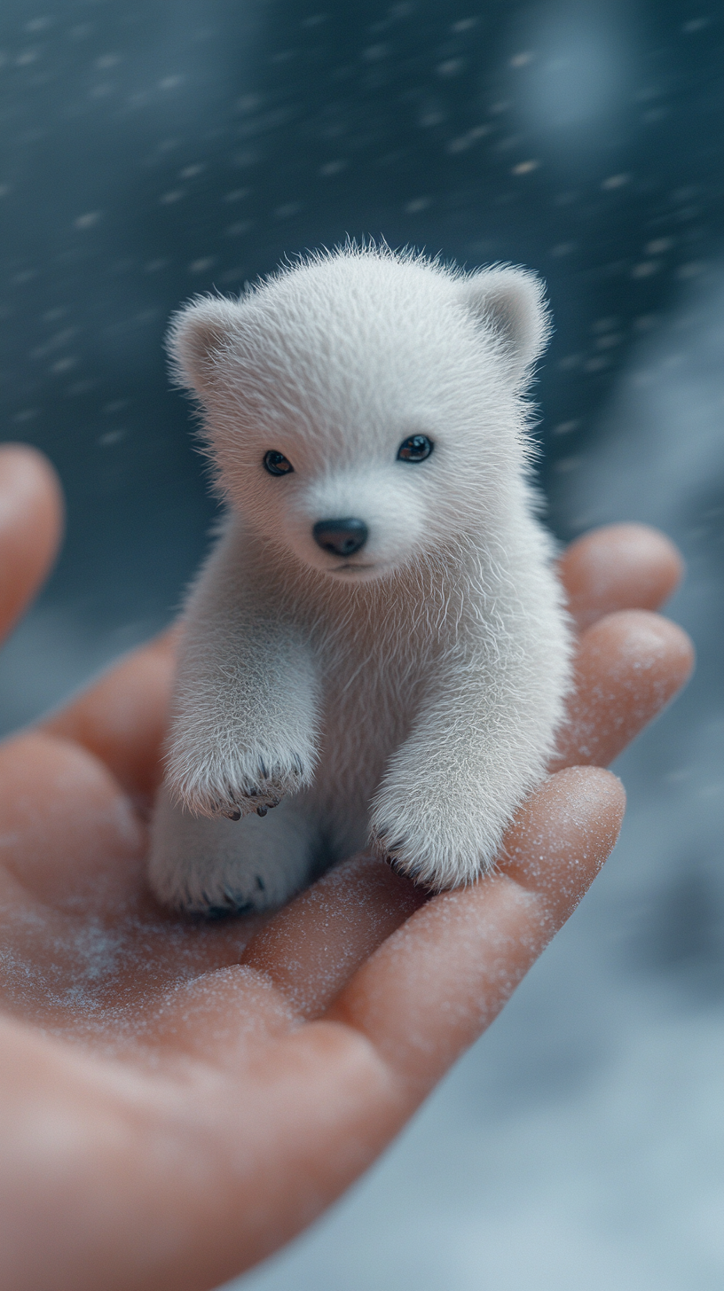 adorable baby polar bear cub in human hand portrait