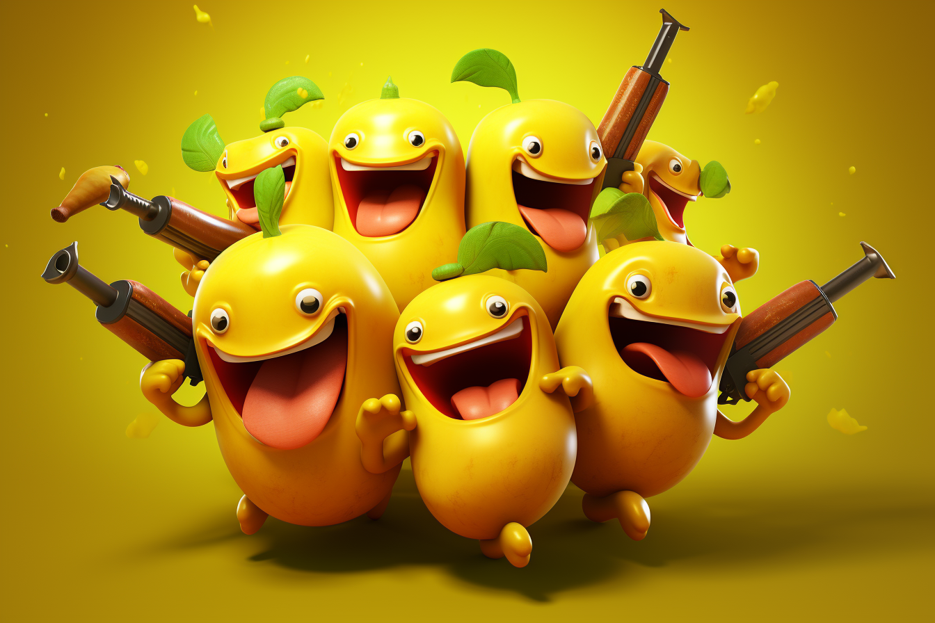 Group of cheerful and cute bananas armed with banana-themed weapons