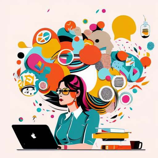 Simplified flat art vector image of a women on a laptop surrounded by stationary items