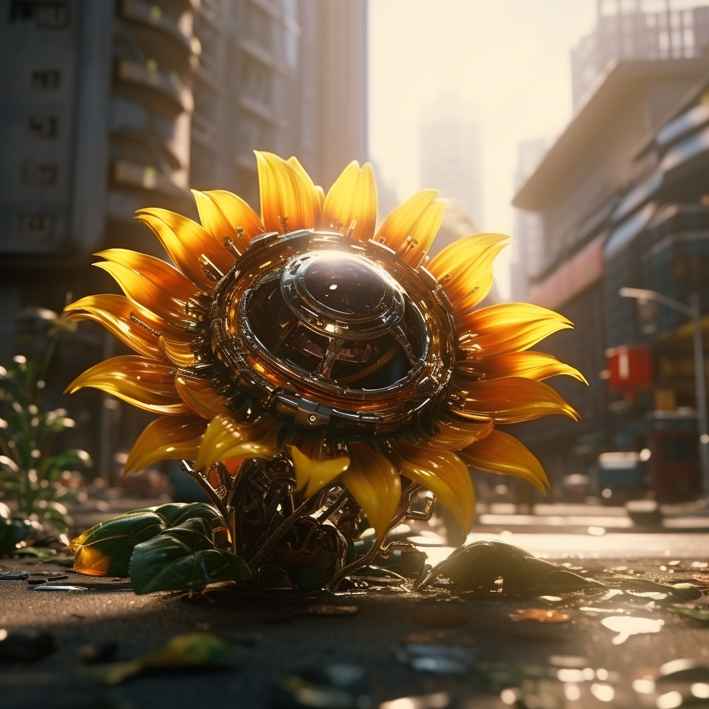 Close-up of Ultrarealistic Cyberpunk Japan Sunflower