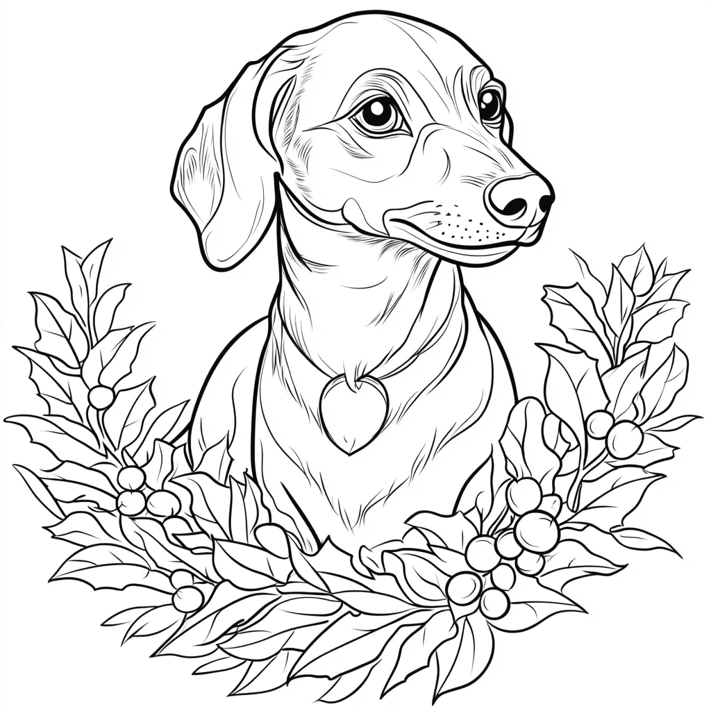 dachshund dog under mistletoe in coloring book style