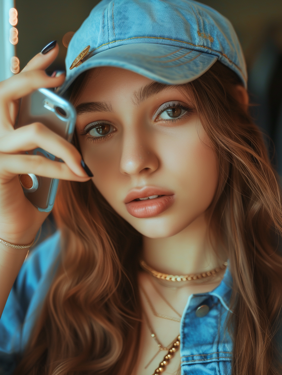 Girl with Blue Cap Taking Selfies in Mirror