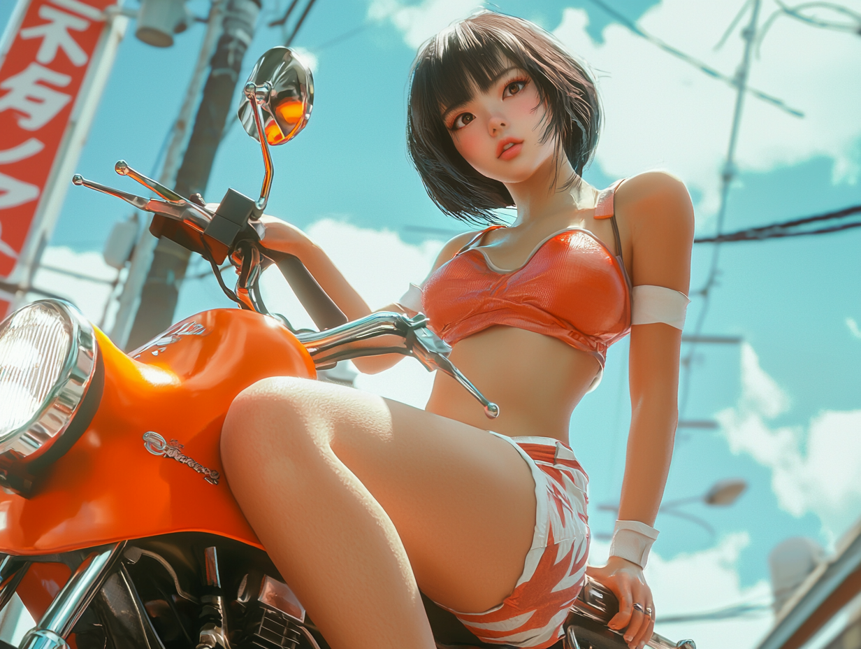 Japanese girl on motorbike in summer