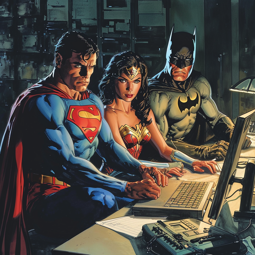 Justice League Superheroes in Modern Office Stopping Cyberattack