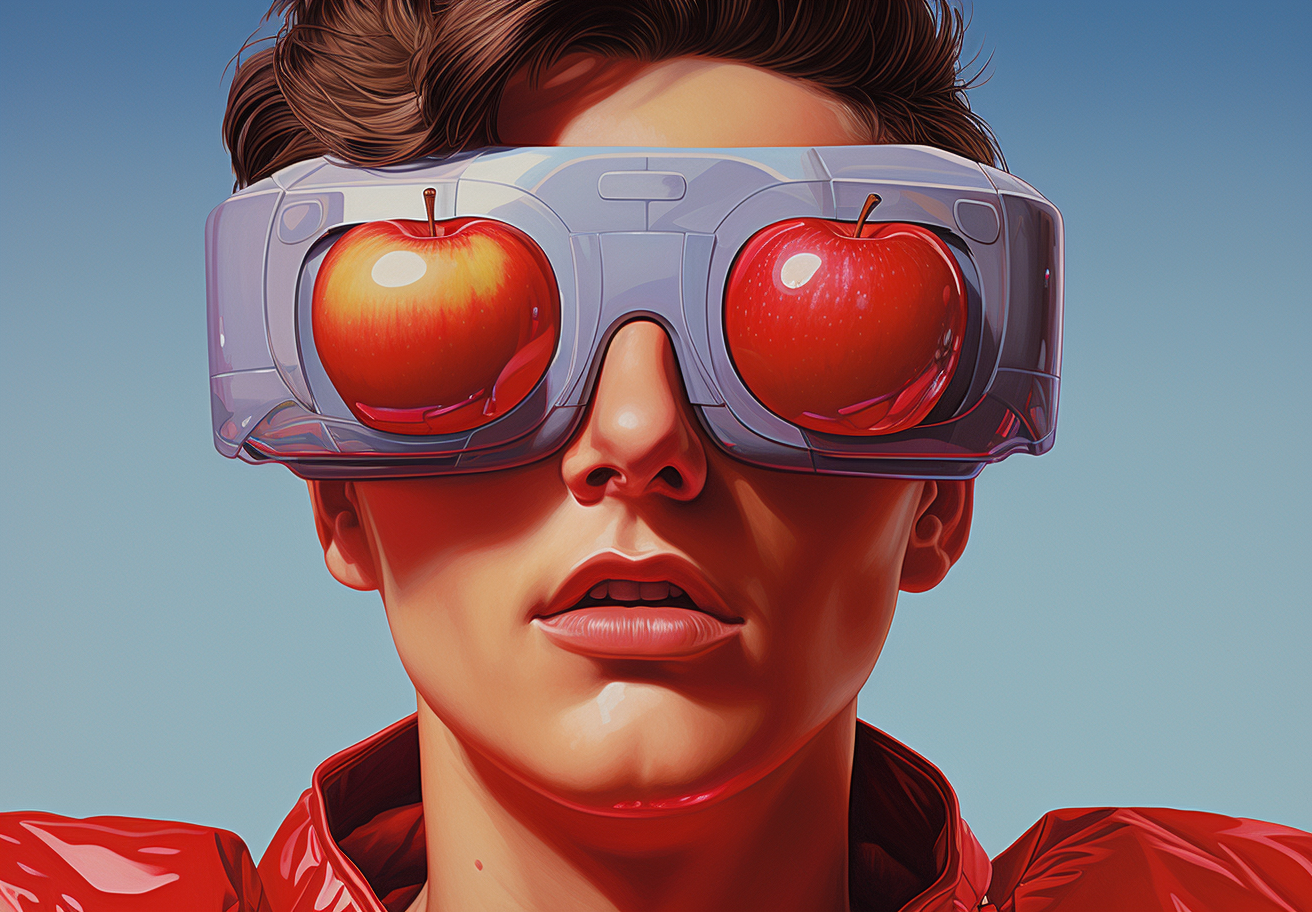 Closeup of man wearing virtual goggles and holding an apple