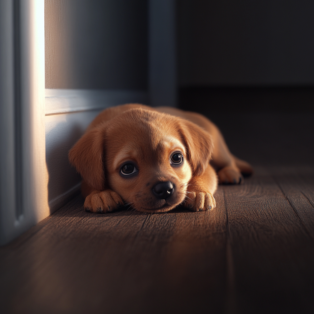 small, sad puppy lying curled up in corner.